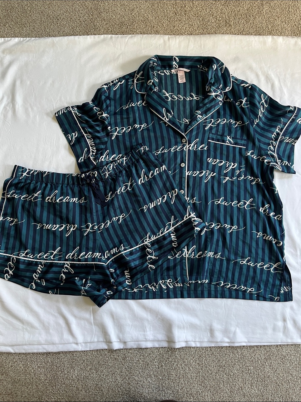 Victoria's Secret Teal & Black Striped 'Sweet Dreams' Satin Pajama Set